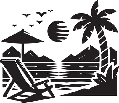 a black and white silhouette of a beach chair and palm tree vector