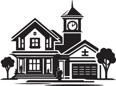 a black and white illustration of a house with a clock tower vector