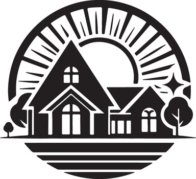 a black and white logo of a house with trees and sun vector