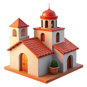 extraordinary classic Spanish colonial mission, stucco walls, red tile roof, bell tower, sunset lighting professional png