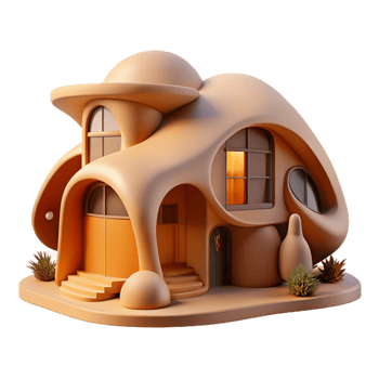 wonderful contemporary Organic architecture house, flowing curves, natural materials, soft daylight, warm tones, painterly style exclusive png