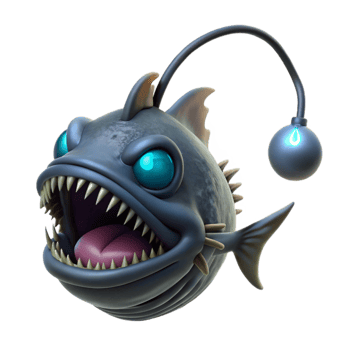 magnificent contemporary A deep-sea anglerfish attracting prey with its bioluminescent lure, dark, ominous lighting, horror, creature design style, genuine png