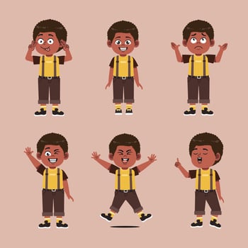 Cute African Black Boy with afro hair Cartoon Character Collections Set vector