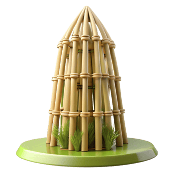 serene creative Bamboo skyscraper, organic structure, interwoven bamboo stalks, soft natural light, sustainable architecture, 8k render, 4K png