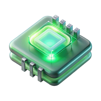 dramatic abstract A single, glowing microchip levitating, intricate circuitry visible within its transparent casing, bathed in an ethereal green light high quality png