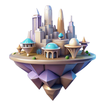 wonderful contemporary Floating island city, futuristic architecture with gravity-defying structures, clouds and sky reflections, dreamy fantasy art style exclusive png