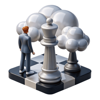 elegant minimalist A solitary figure with a birdcage head gazing at a giant chessboard made of clouds. Dreamlike, soft lighting detailed png