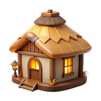 extraordinary contemporary A traditional thatched roof cottage, cozy interior, warm lighting, idyllic setting high resolution png