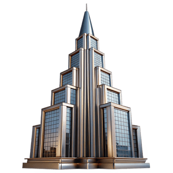 dramatic abstract Art Deco skyscraper, chrome and glass, sharp edges, volumetric lighting, high contrast, low angle perspective high quality png