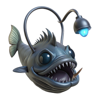 beautiful vintage A deep sea anglerfish, its bioluminescent lure attracting smaller fish, ominous, horror style 4K png
