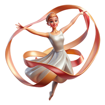 elegant rustic Portrait of a graceful ballerina with flowing silk ribbons, illuminated by the warm glow of stage lights, styled as an art nouveau illustration 4K png