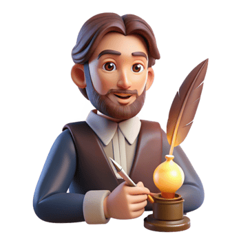 elegant creative Portrait of an imaginative writer with a quill pen and a thoughtful expression, lit by the warm glow of a desk lamp, in a literary portrait style high quality png