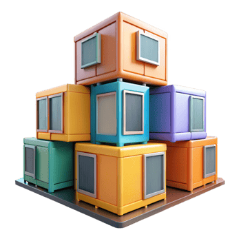magnificent abstract Prefabricated modular housing units, stacked in a geometric arrangement, vibrant colored panels, futuristic city backdrop lighting original png