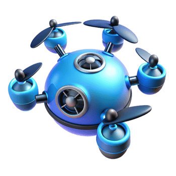 dramatic creative A levitating, spherical drone capturing 360-degree footage, its multiple lenses glowing with a soft blue light. Photorealistic, product design style professional png