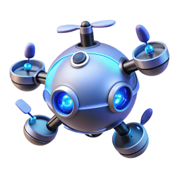 impressive rustic A levitating, spherical drone capturing 360-degree footage, its multiple lenses glowing with a soft blue light. Photorealistic, product design style detailed png