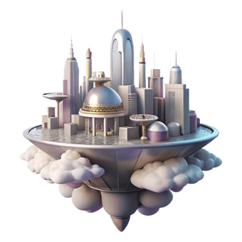 extraordinary abstract A futuristic city floating among the clouds, sleek and utopian design, soft lighting, serene atmosphere 4K png