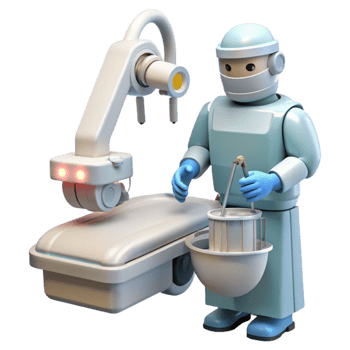 beautiful artistic A robotic surgeon performing a delicate operation, sterile white lighting, medical illustration style original png