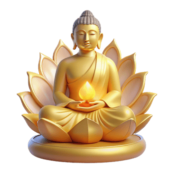 stunning rustic A serene, meditating Buddha statue emanating a golden aura, surrounded by floating, glowing lotuses, illuminated by a soft, divine light. Buddhist art style high resolution png