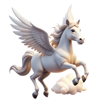dramatic classic A graceful pegasus, with wings of pure white, soaring through a cloudy sky, lit by the rays of the sun. Romantic painting style authentic png