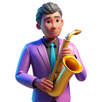 magnificent contemporary Portrait of a charismatic musician with a saxophone, lit by colorful stage lighting, in a pop art style high resolution png