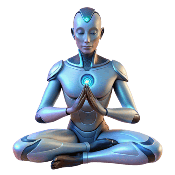 elegant abstract A cyborg with glowing tattoos meditating in a forest, soft lighting, spiritual, fantasy style 4K png