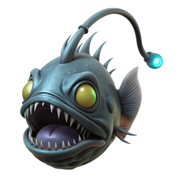 dramatic contemporary A deep-sea anglerfish attracting prey with its bioluminescent lure, dark, ominous lighting, horror, creature design style, exclusive png
