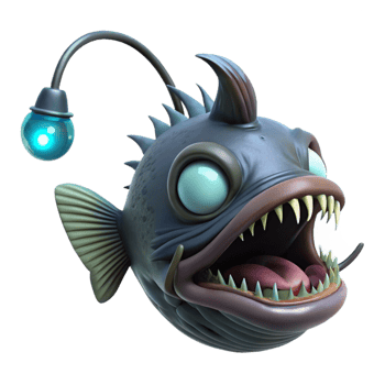 elegant traditional A deep sea anglerfish, its bioluminescent lure attracting smaller fish, ominous, horror style exclusive png