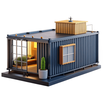 beautiful abstract Shipping container home, industrial chic, upcycled materials, customizable layout, daylight 4K png