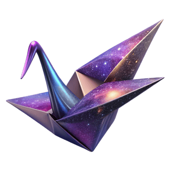 wonderful contemporary A giant, origami crane folds itself out of a sheet of swirling galaxies. Abstract style, vibrant, cosmic lighting professional png