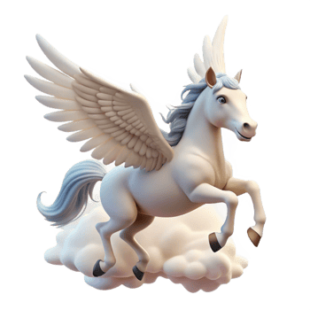 elegant minimalist A majestic pegasus, with wings of pure white feathers, soaring through a cloudy sky. Soft, heavenly lighting. Fantasy art style premium png