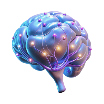 vibrant traditional A holographic projection of a human brain, neural pathways glowing and pulsating, dark background with blue and purple hues, medical illustration style authentic png