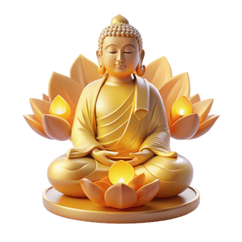 serene abstract A serene, meditating Buddha statue emanating a golden aura, surrounded by floating, glowing lotuses, illuminated by a soft, divine light. Buddhist art style professional png