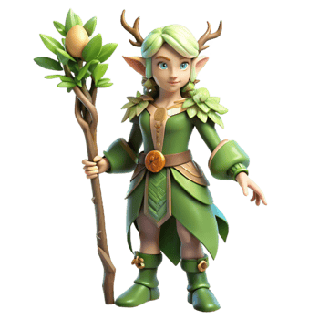 beautiful creative A graceful wood elf, adorned with leaves and flowers, holding a magic staff, fantasy art style, soft diffused light filtering through trees authentic png
