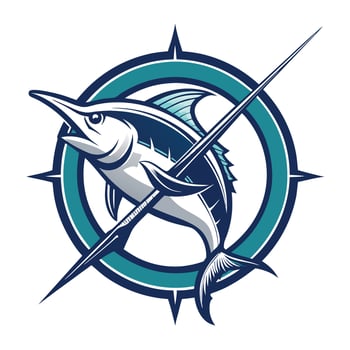 Vintage Marlin Fishing Badge with Crossed Fishing Rods Logo Graphic vector
