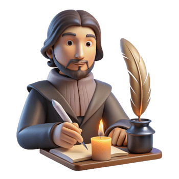 stunning modern Portrait of a thoughtful writer with a quill and parchment, illuminated by the warm glow of a candlelit desk, styled as a vintage portrait premium png