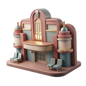 wonderful modern A decaying Art Deco cinema, faded glamour, haunting atmosphere, muted colors high quality png