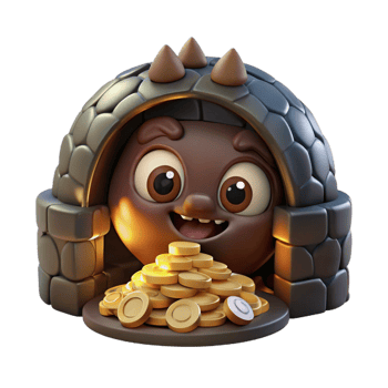 serene abstract A mischievous brownie, hiding amongst a pile of gold coins in a dark, dusty cellar. Dim, candlelit lighting. Folklore style professional png