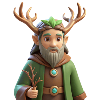 stunning minimalist A wise druid with antler headdress, communing with nature spirits. Celtic art style premium png