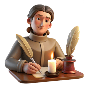 wonderful traditional Portrait of a thoughtful writer with a quill and parchment, illuminated by the warm glow of a candlelit desk, styled as a vintage portrait high resolution png