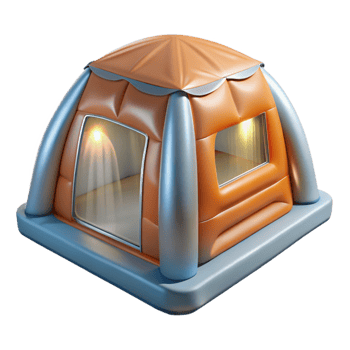 elegant vintage Inflatable temporary shelter, translucent fabric, internal LED lighting, emergency relief camp setting, photorealistic render 4K png