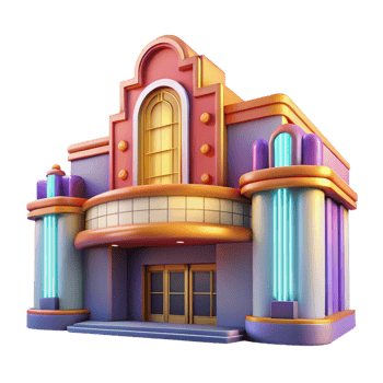 extraordinary classic Art Deco cinema, neon marquee, geometric facade, night scene, cinematic lighting premium png