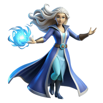 wonderful classic A powerful sorceress with flowing silver hair, casting a spell of shimmering blue energy. Art Deco style high quality png