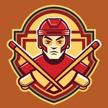 Retro Vintage Hockey Badge Featuring Player Head and Crossed Sticks vector