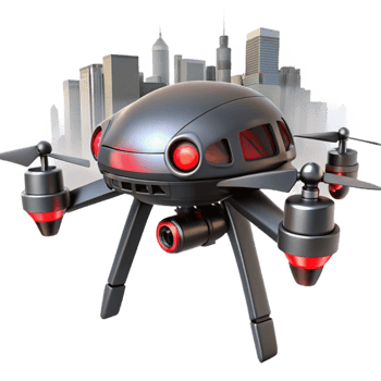 beautiful abstract A futuristic drone, with sleek, aerodynamic design and glowing red eyes, patrols a desolate cityscape. Cyberpunk style authentic png