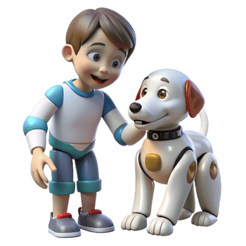 serene modern A robotic dog interacting with a child, heartwarming scene, soft, natural lighting authentic png