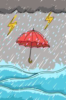 Illustration of a red umbrella with storm rain water on grey background. Marker style vector