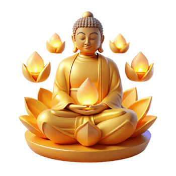extraordinary artistic A serene, meditating Buddha statue emanating a golden aura, surrounded by floating, glowing lotuses, illuminated by a soft, divine light. Buddhist art style authentic png