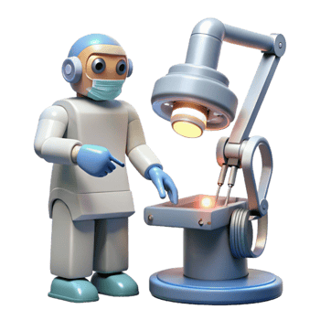dramatic traditional An AI-powered robotic surgeon performing a delicate operation with precision instruments, lit by a focused surgical lamp. Medical illustration, photorealistic style professional png