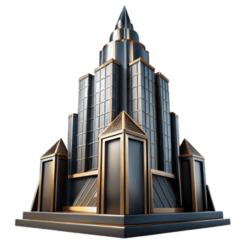 beautiful vintage Art Deco skyscraper, chrome and black glass, sharp geometric patterns, volumetric lighting, high contrast, cinematic angle high resolution png