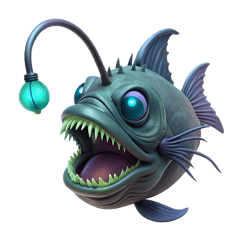 vibrant vintage A deep sea anglerfish, its bioluminescent lure attracting smaller fish, ominous, horror style premium png